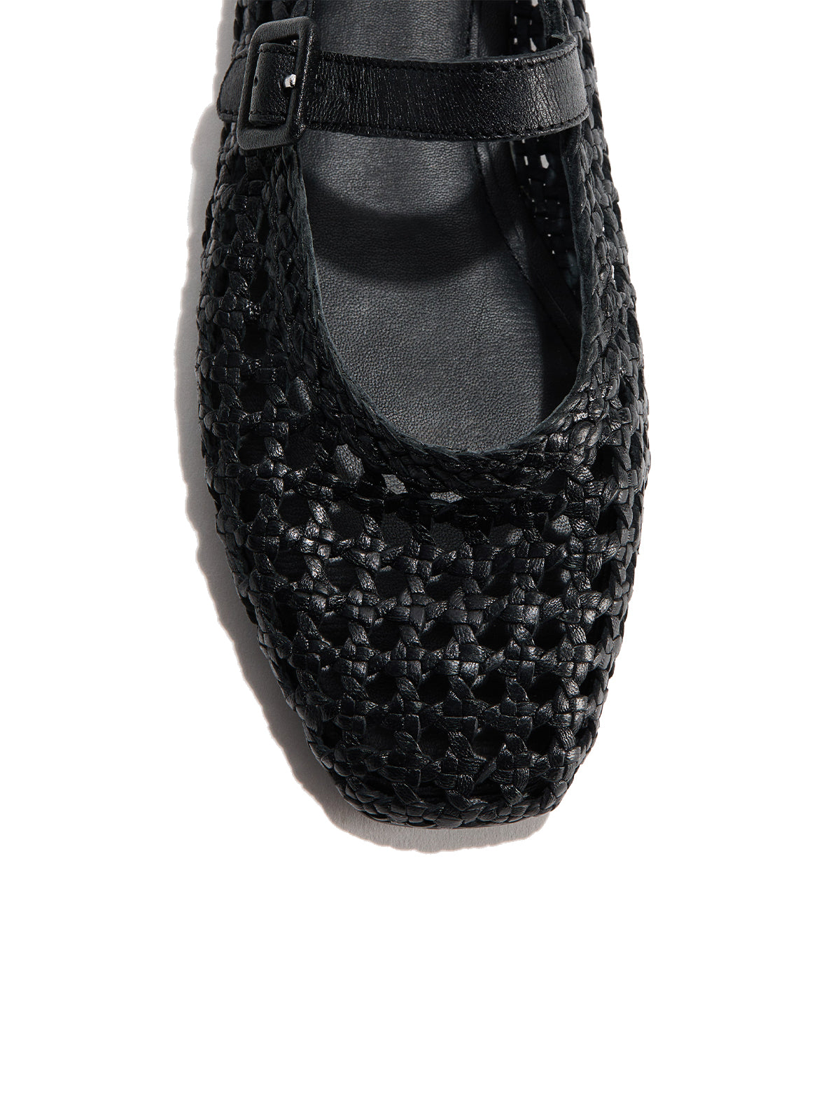 Black Vegan Leather Woven Square-Toe Mary Jane Ballet Flats
