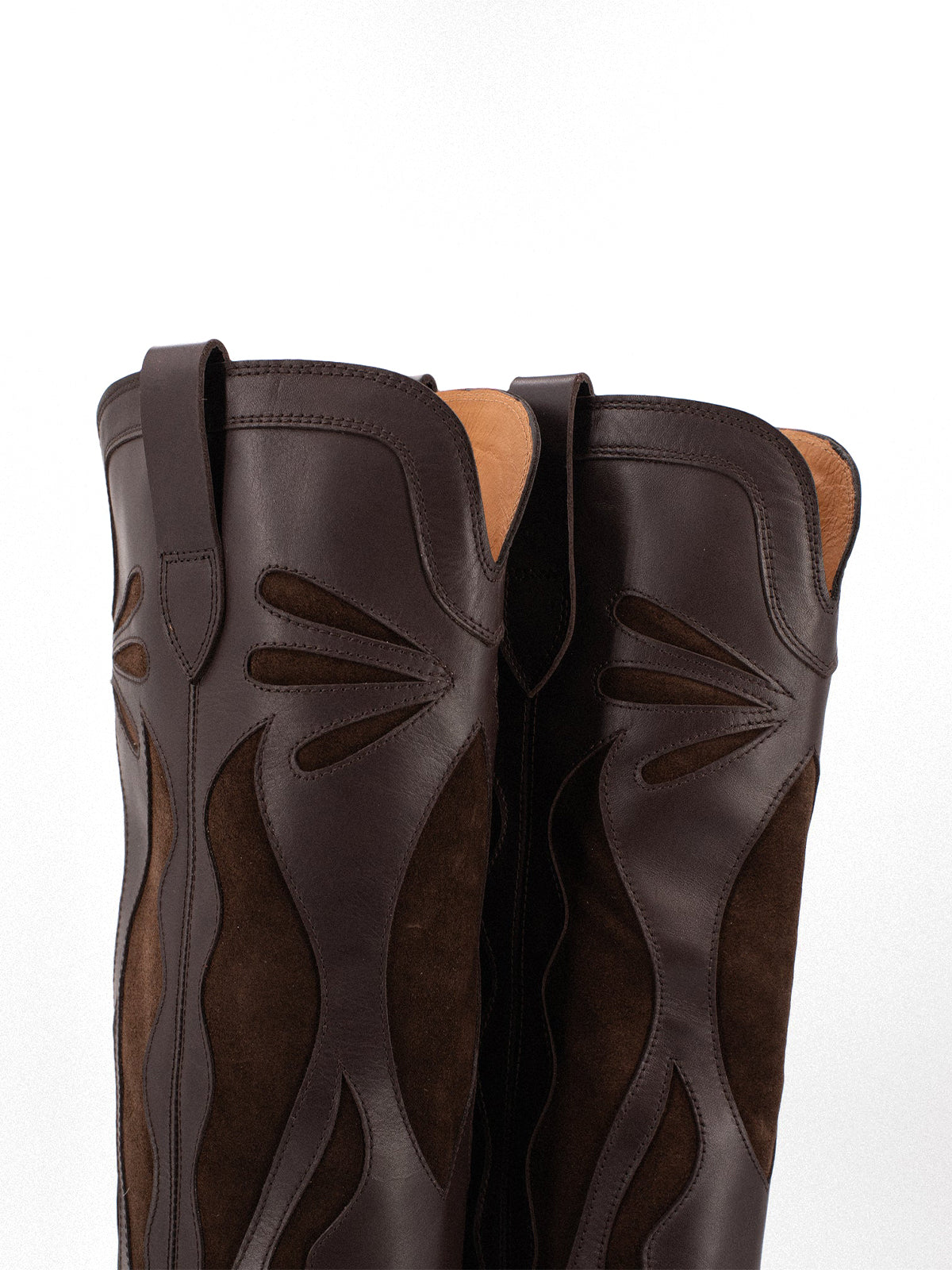 Dark Brown Pointed-Toe Inlays Knee High Tall Wide Calf Cowgirl Boots