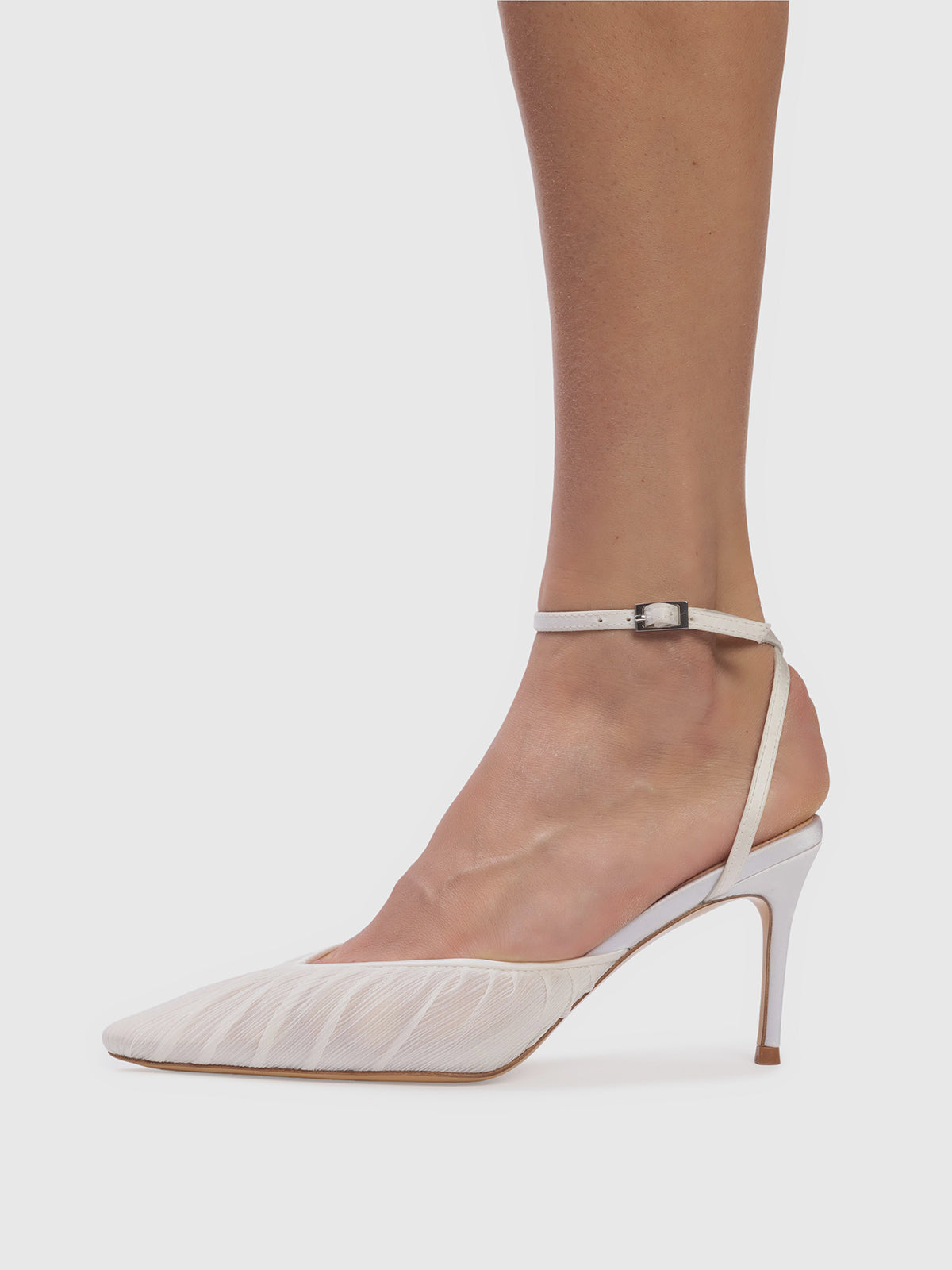 White Satin And Mesh Pointed-Toe Classic Ankle Strap High Heels