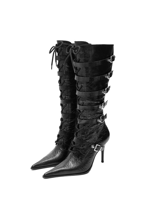 Distressed Black Pointed-Toe Lace-Up Full-Zip Knee High Stiletto Boots With Buckles