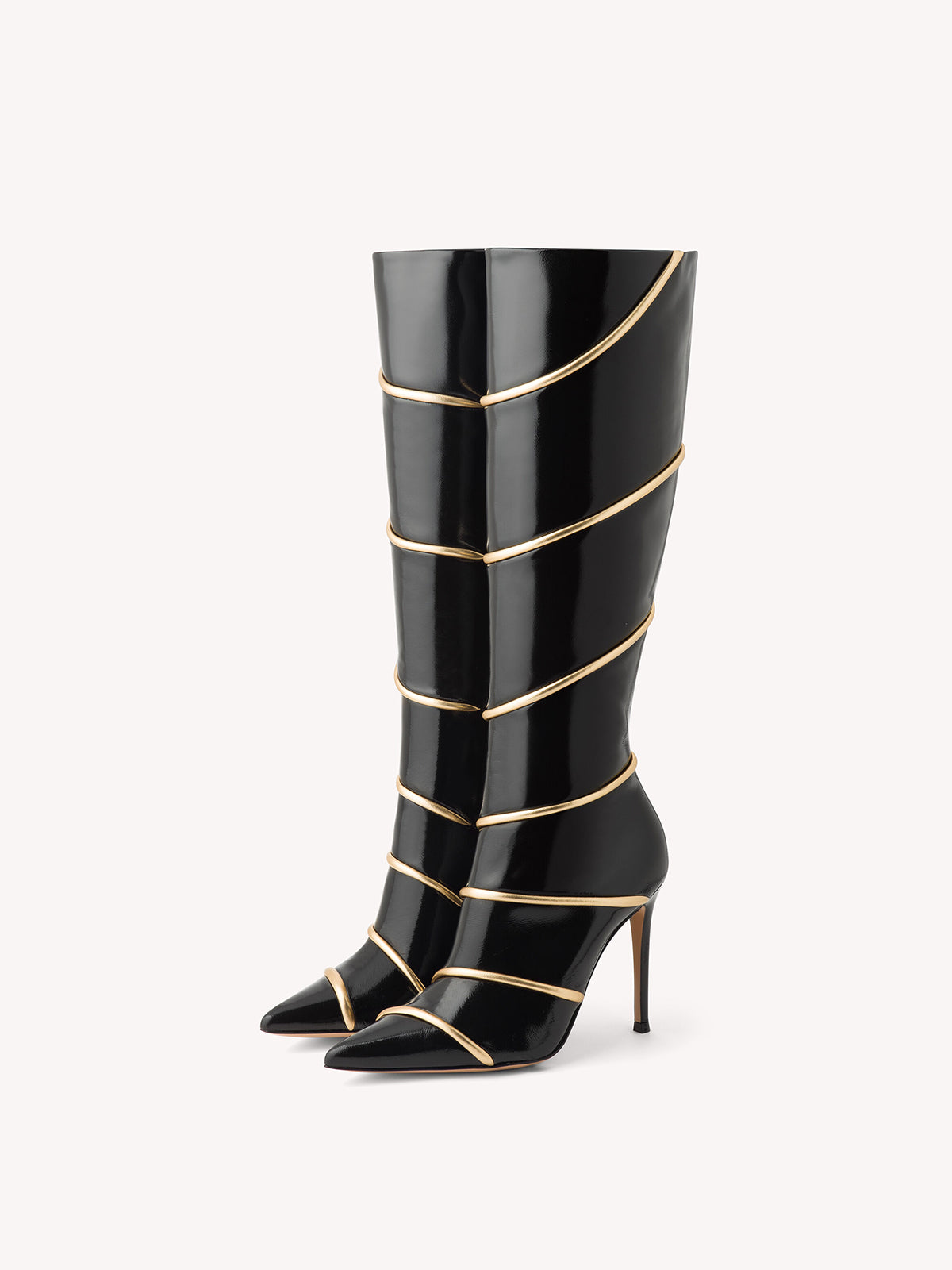 Patent Black Pointed-Toe Full-Zip Knee High Stiletto Boots With Metallic Gold Piping Spiral