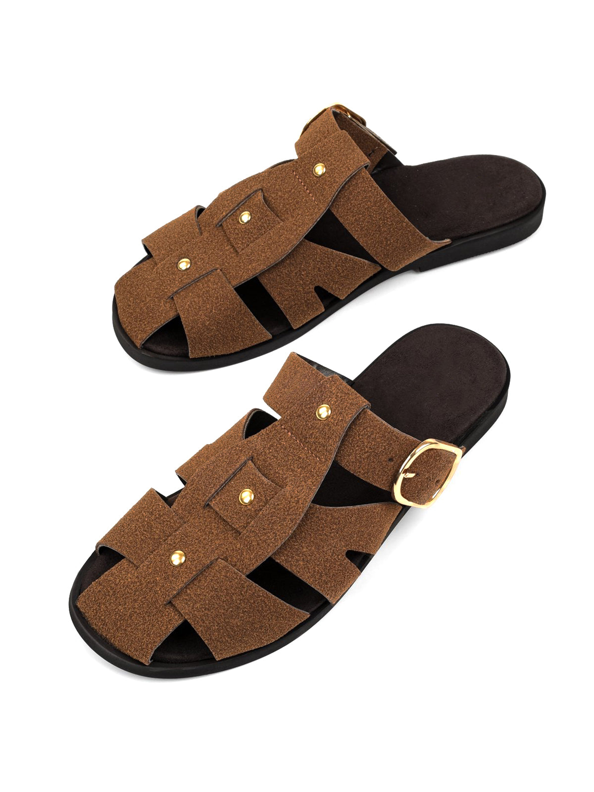 Brown Cow Suede Round-Toe Caged Detail And Studs Backless Flats