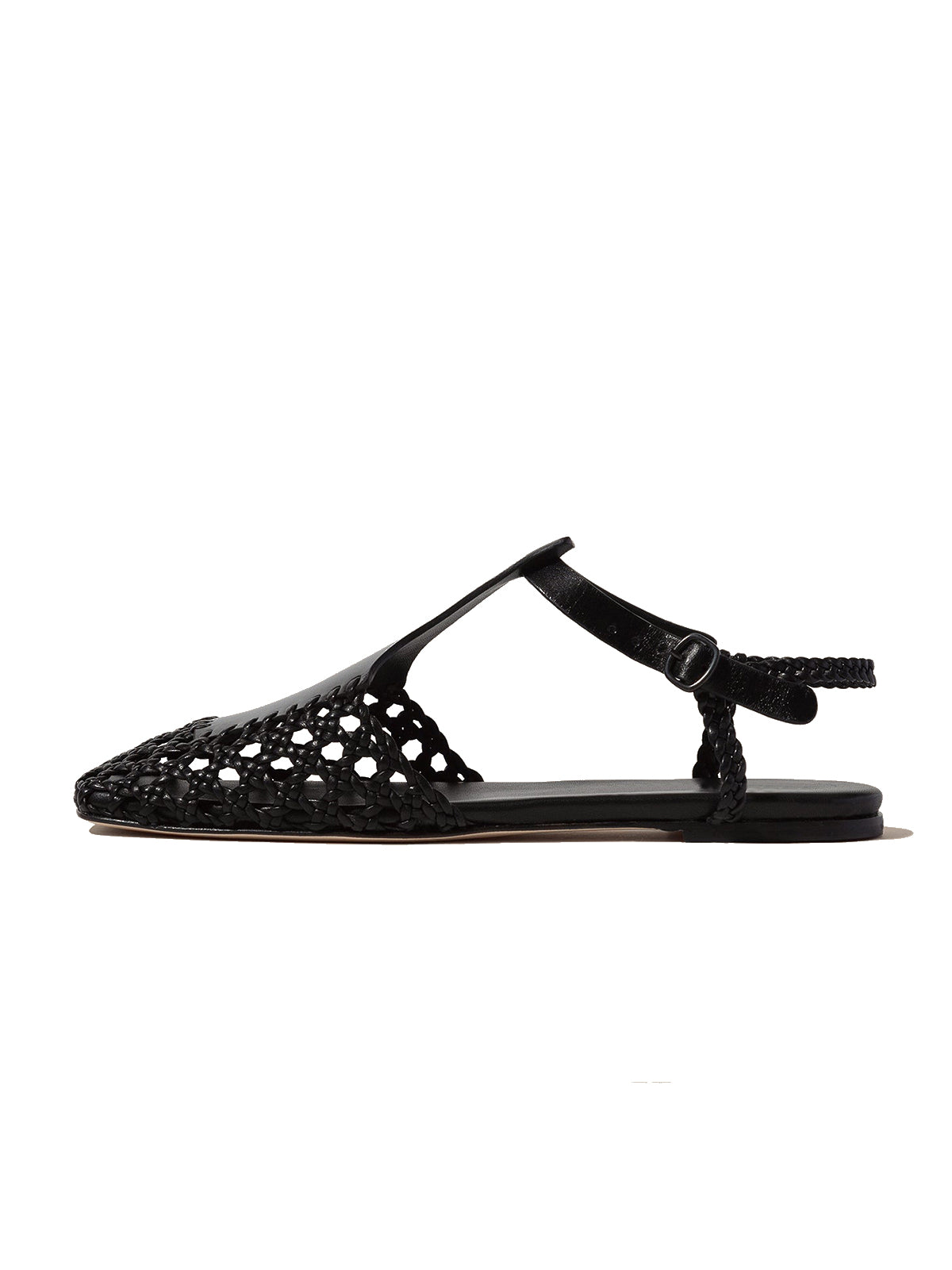 Black Woven Vegan Leather Square-Toe Ankle Strap Chic Flats