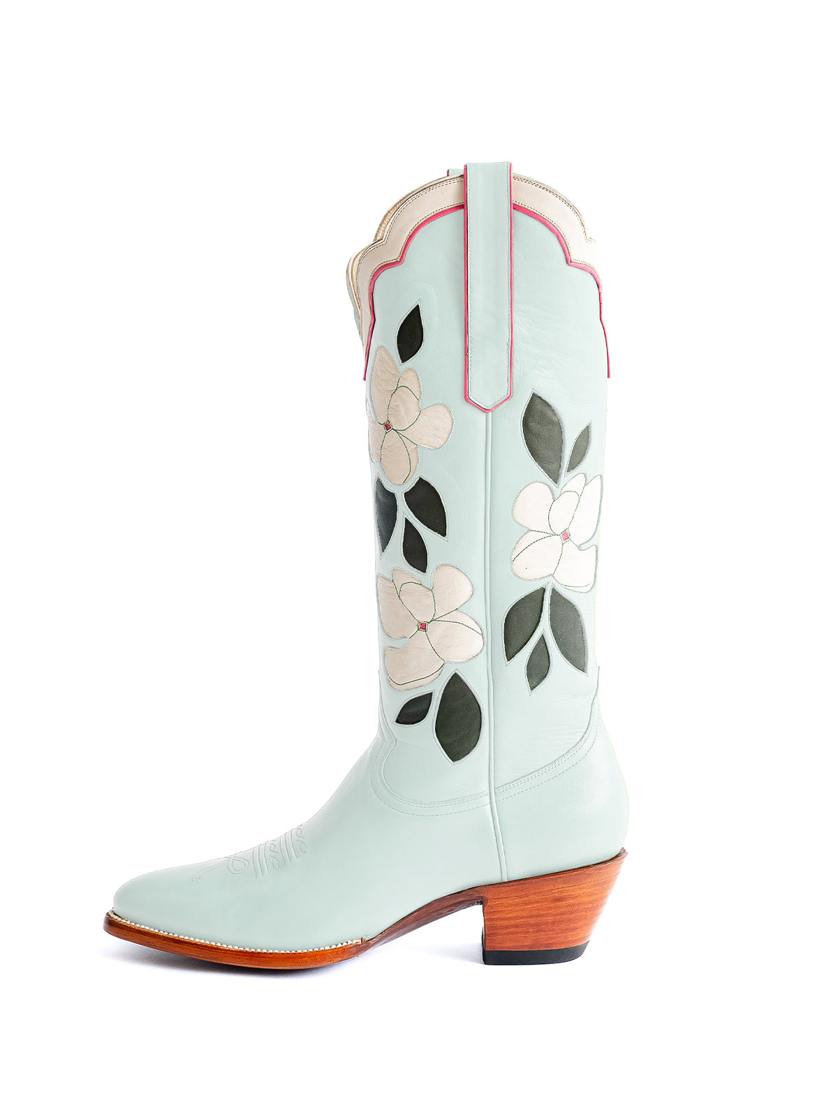 Mint Blue Almond-Toe White Flower Inlay Wide Calf Knee High Cowgirl Boots