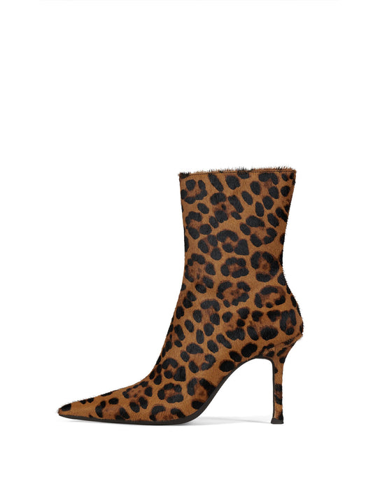 Leopard Pony Hair Vegan Leather Pointed-Toe Full-Zip Ankle Stiletto Boots