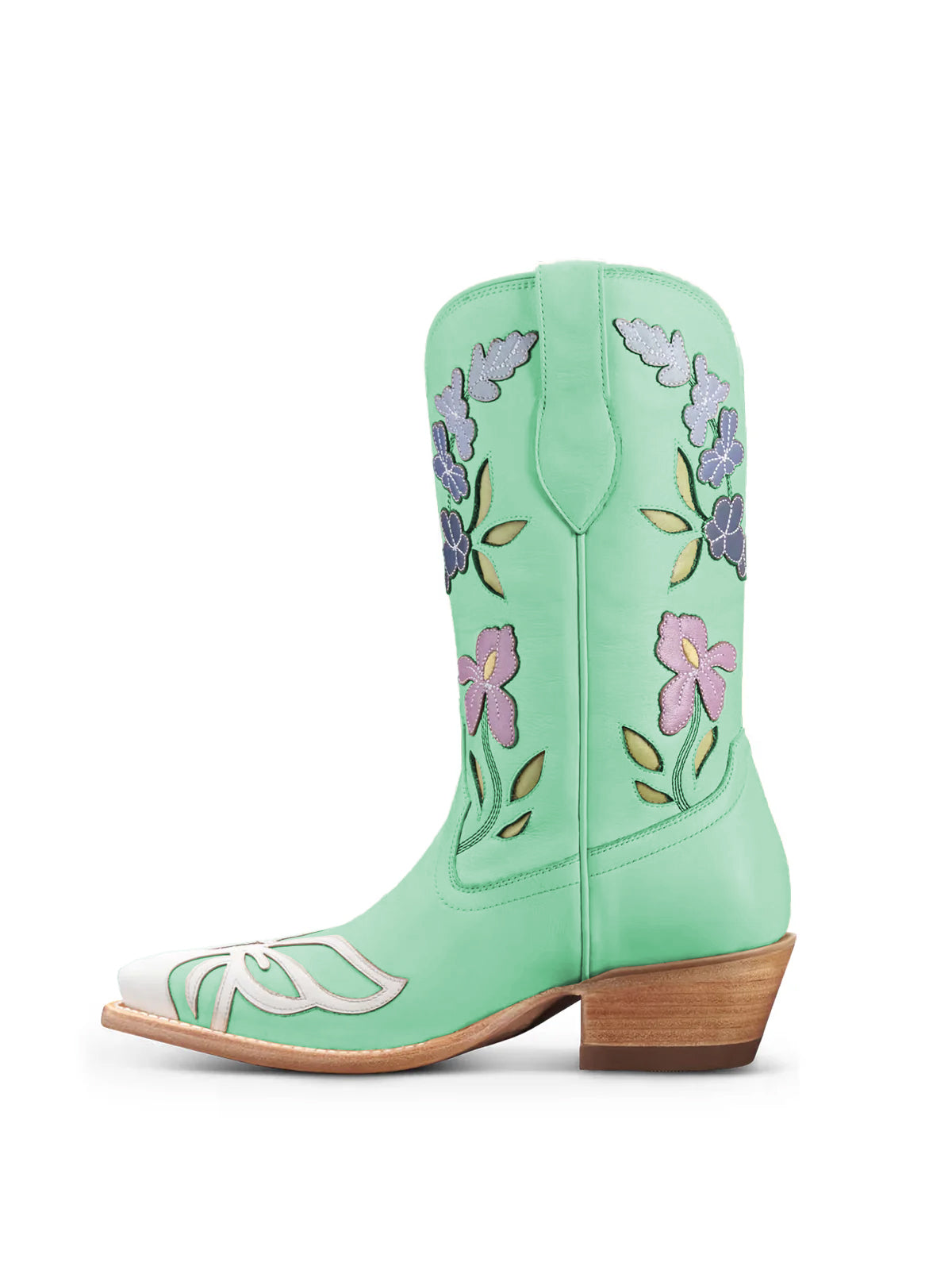 Green Snip-Toe Flower Applique Mid Calf Pull On Cowgirl Boots
