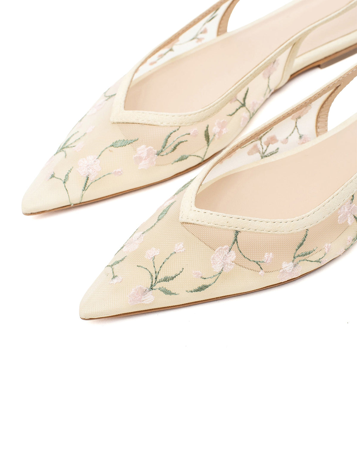 Butter Mesh Pointed-Toe Wildflowers Embroidery Mary Jane Ballet Flats