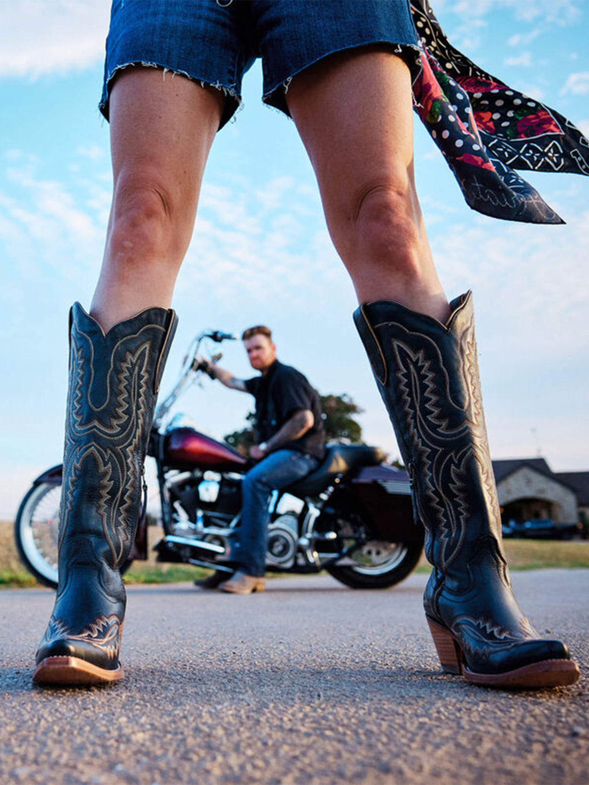 Western Embroidery Tall Snip-Toe Half-Zip Knee High Cowgirl Boots - Dark Navy