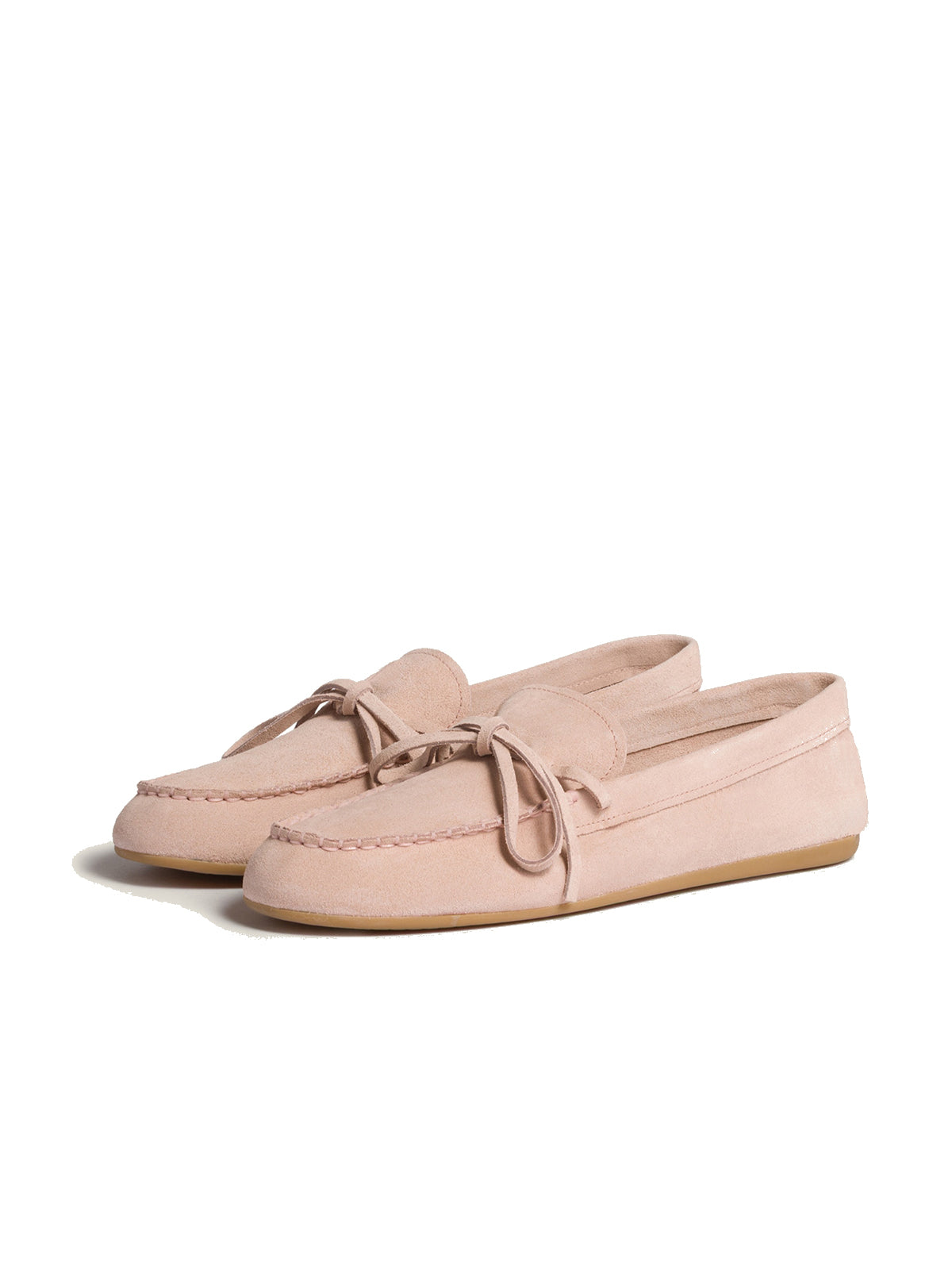 Blush Pink Faux Suede Round-Toe Front Bow Loafers Flats