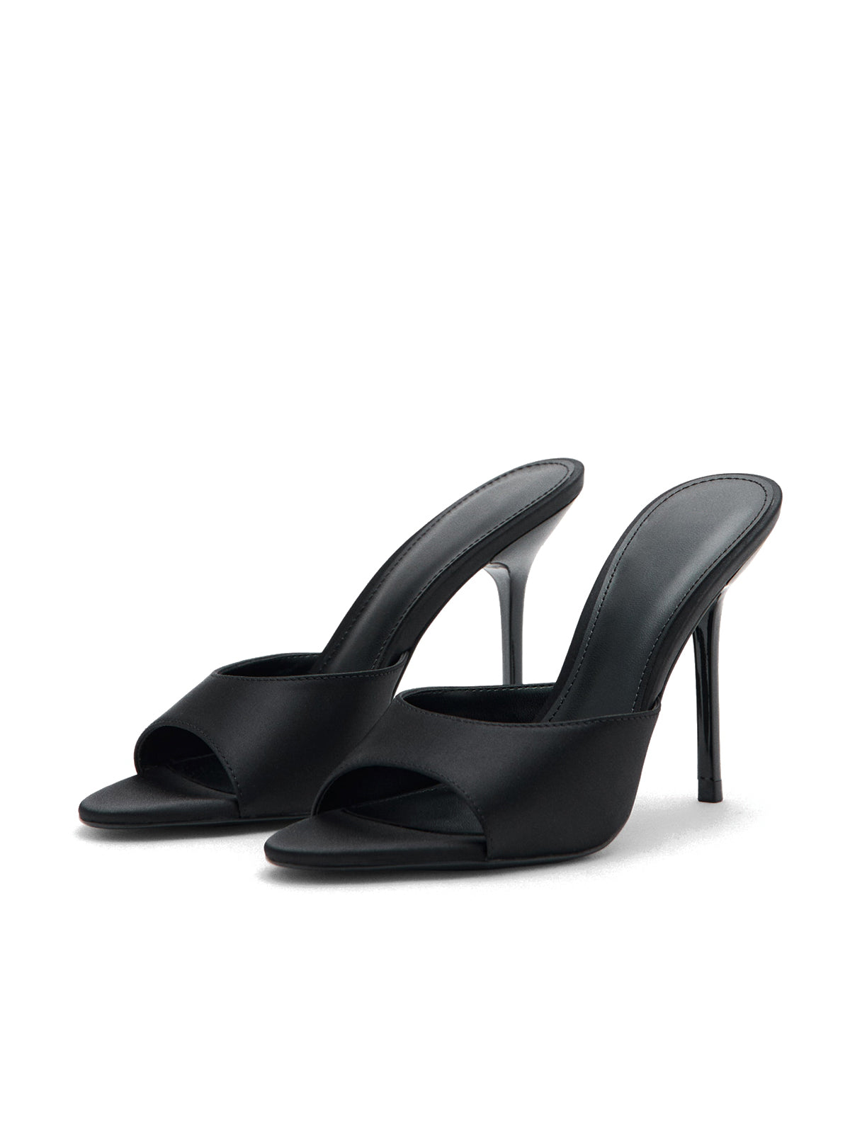 Black Satin Open Round-Toe Backless High Heels