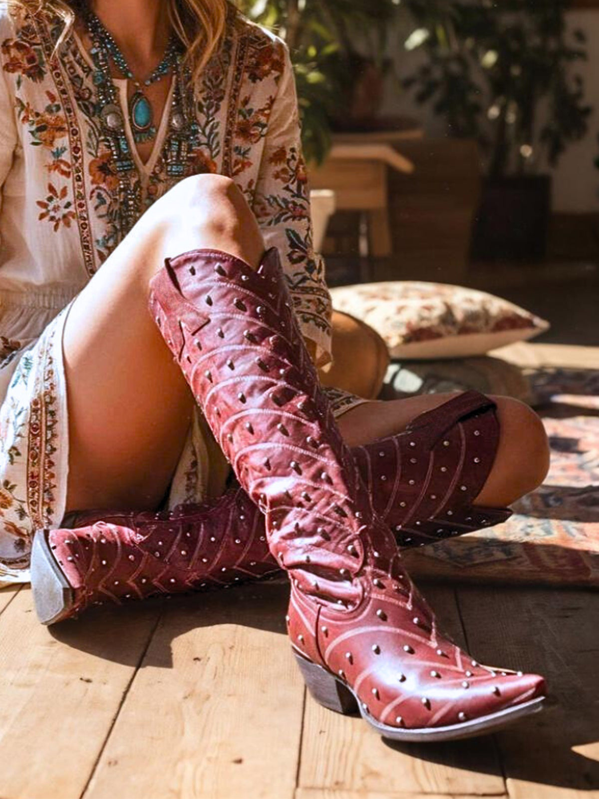 Red Snip-Toe Embroidery And Full Studs Half-Zip Knee High Cowgirl Boots