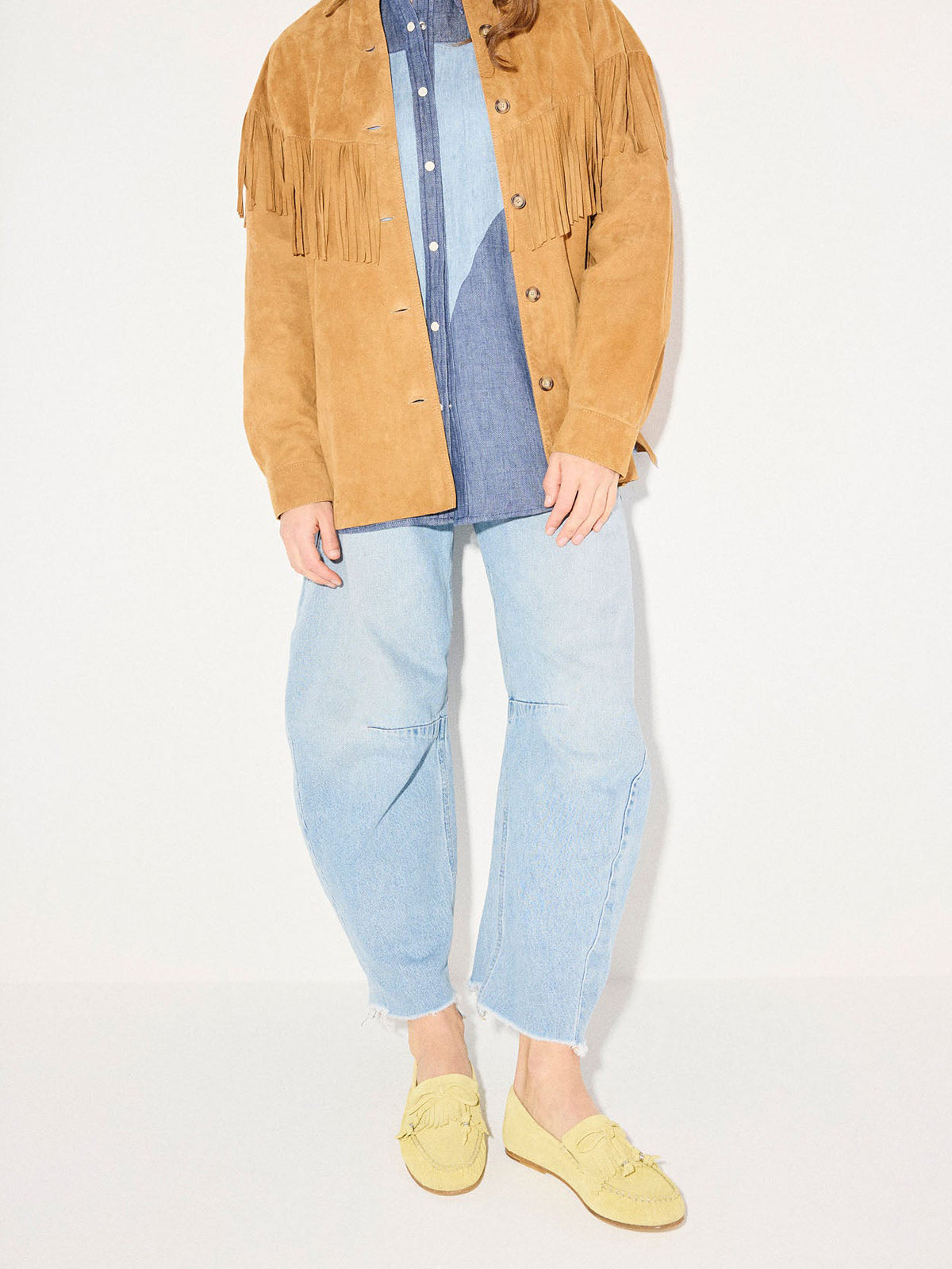 Yellow Cow Suede Round-Toe Front Bow And Fringe Flats