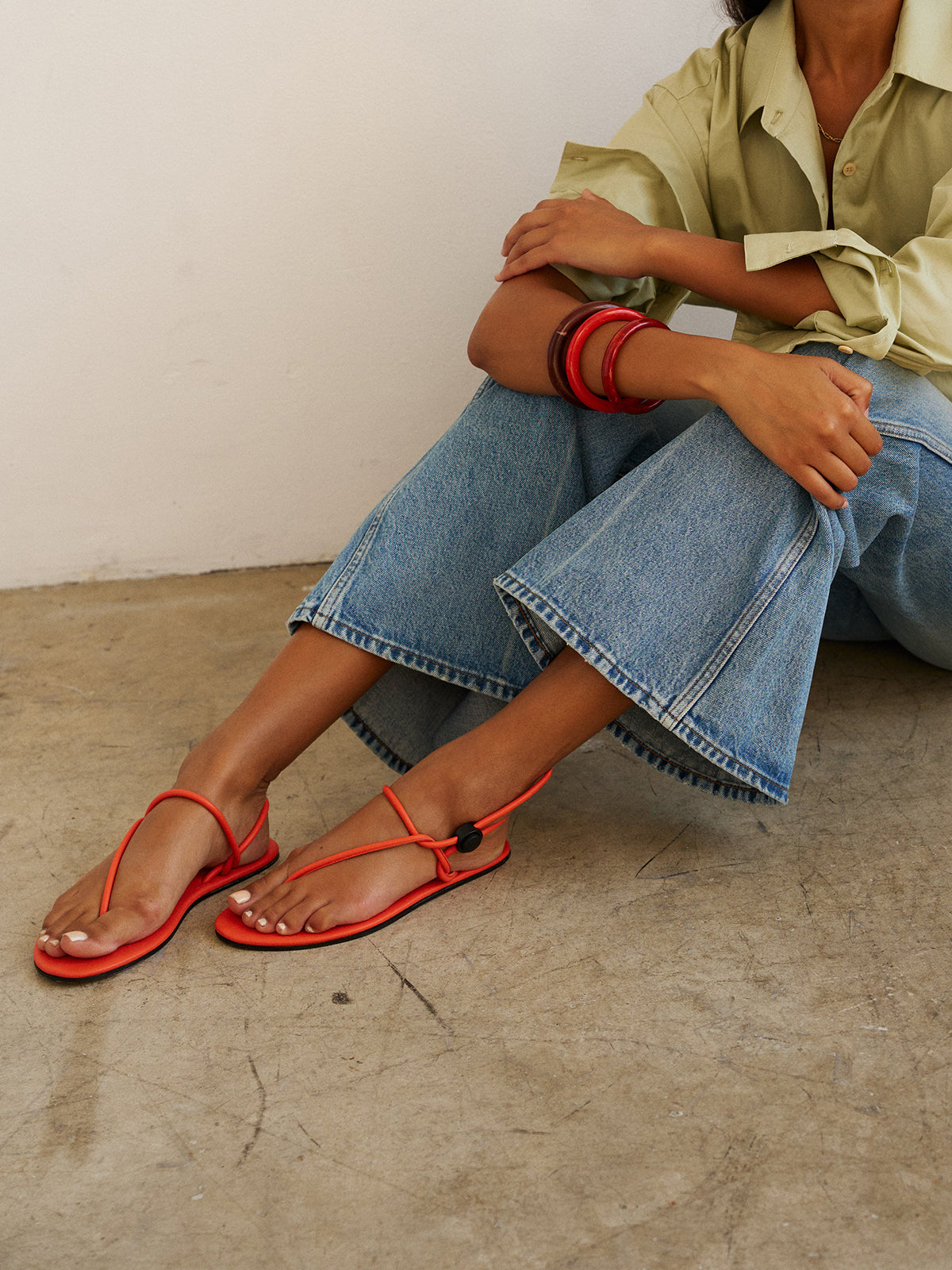 Orange Round-Toe Flip-Flops String Detail Slip-On Flats
