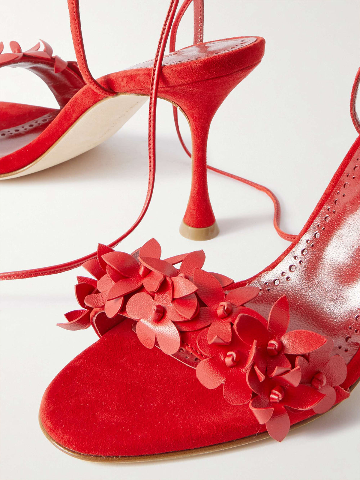 Red Faux Suede Round-Toe Flowers Applique Ankle Strap High Heels