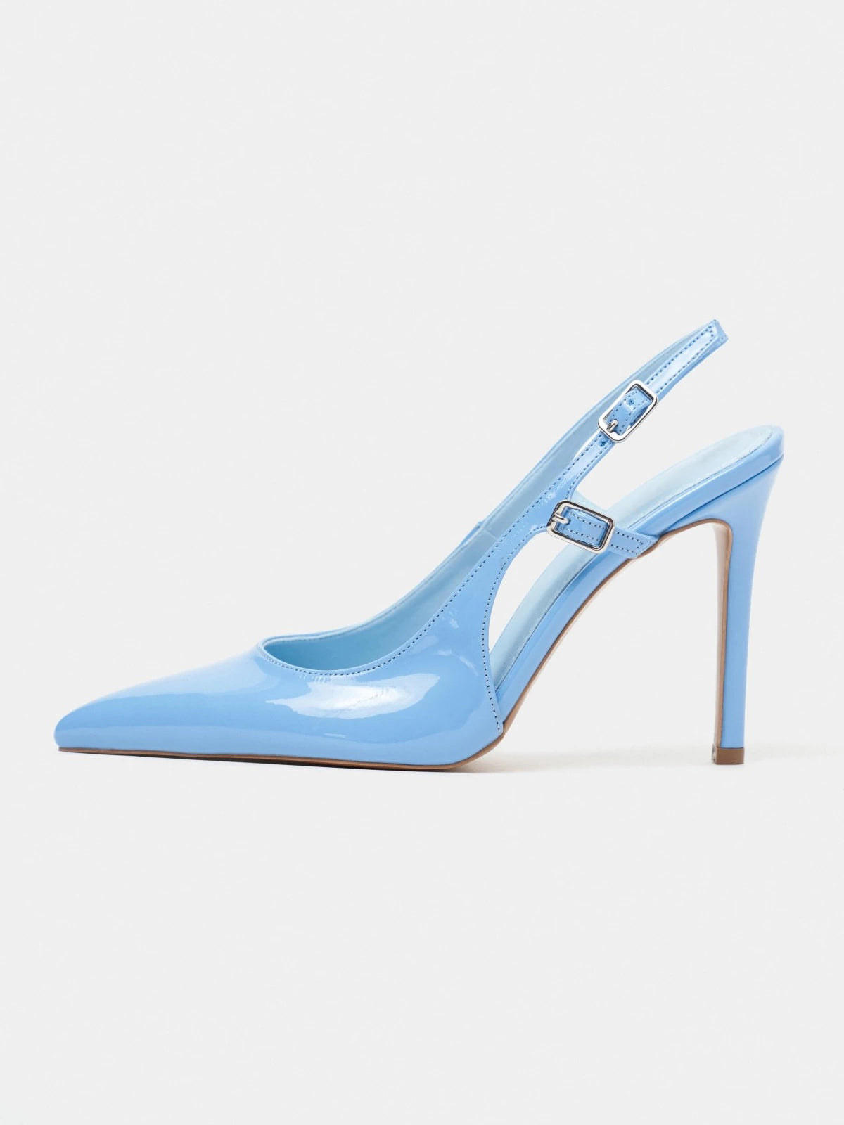 Patent Leather Pointed-Toe Buckle Back Strap Chic High Heels - Light Blue