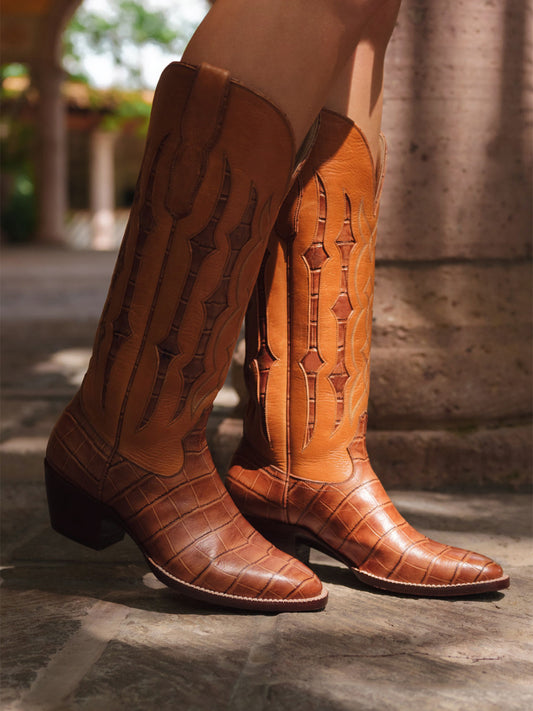 Maroon Contrast Crocodile Print Inlay Stitch Almond-Toe Wide Knee High Western Cowgirl Boots