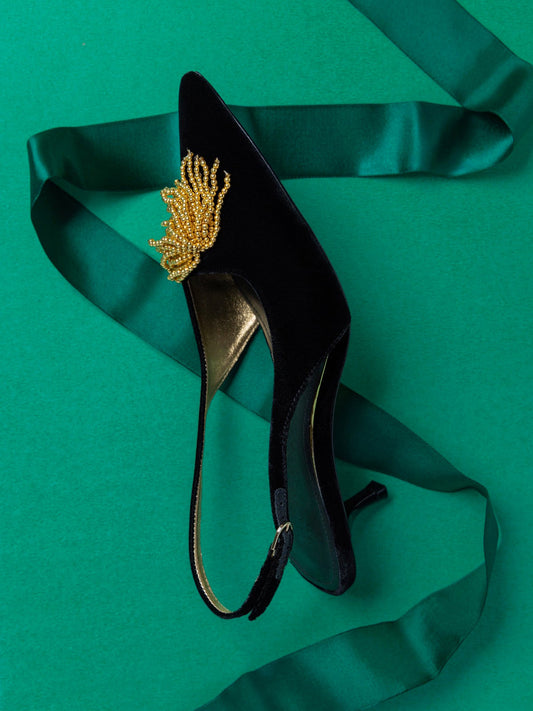 Black Velvet Pointed-Toe Front Beaded Slingback Kitten Heels