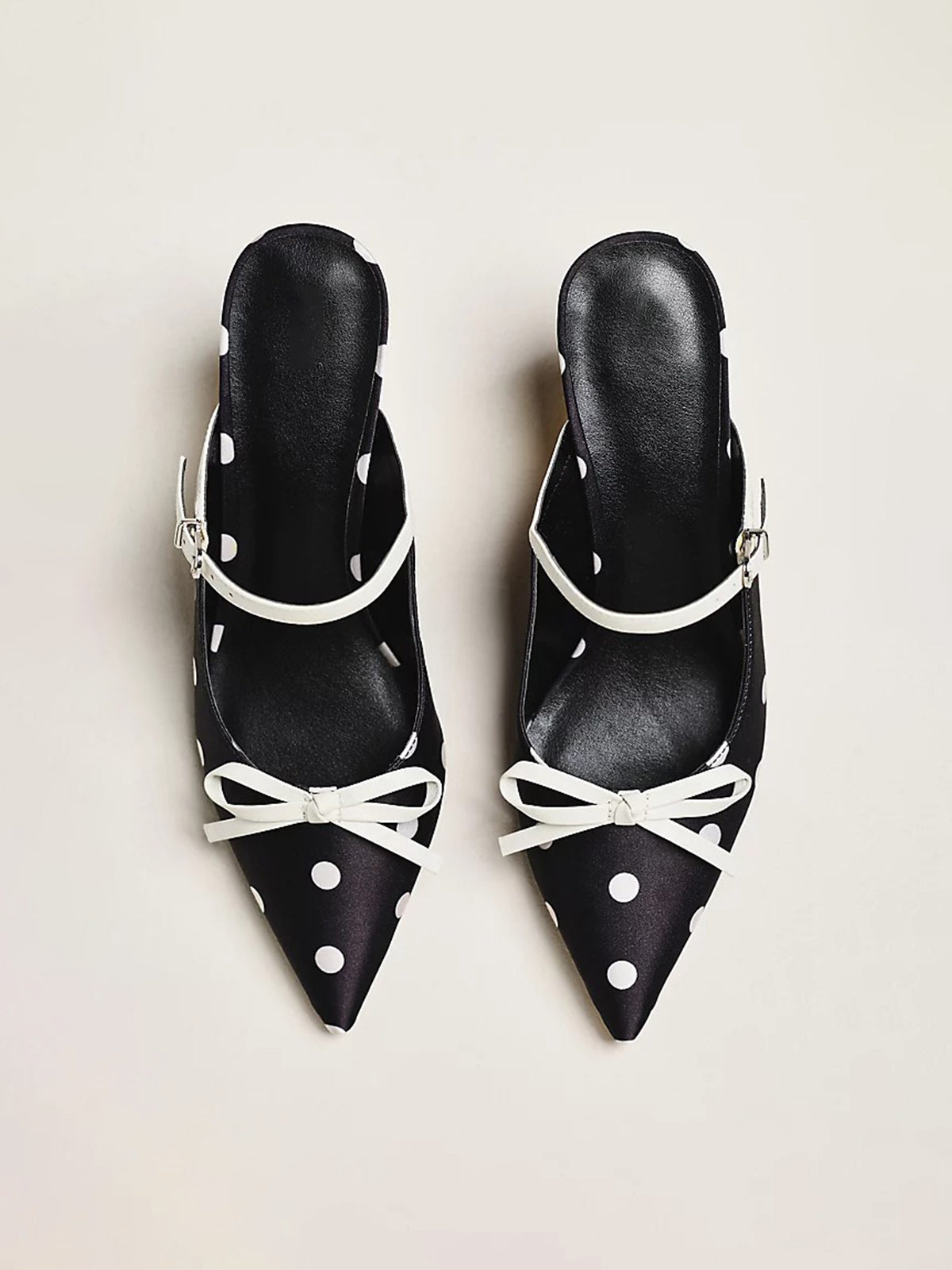 Black Polka Dot Satin Pointed-Toe Bridge Strap Kitten Heels With Bow