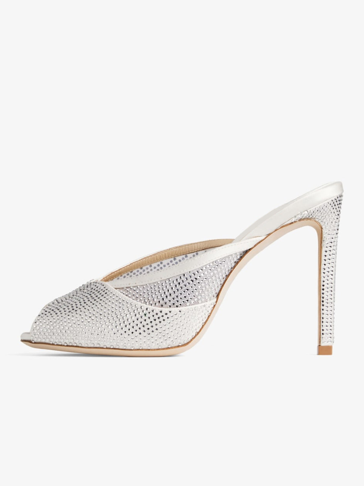 Ivory Satin And Crystals Mesh Peep Round-Toe Slip-On Mules High Heels