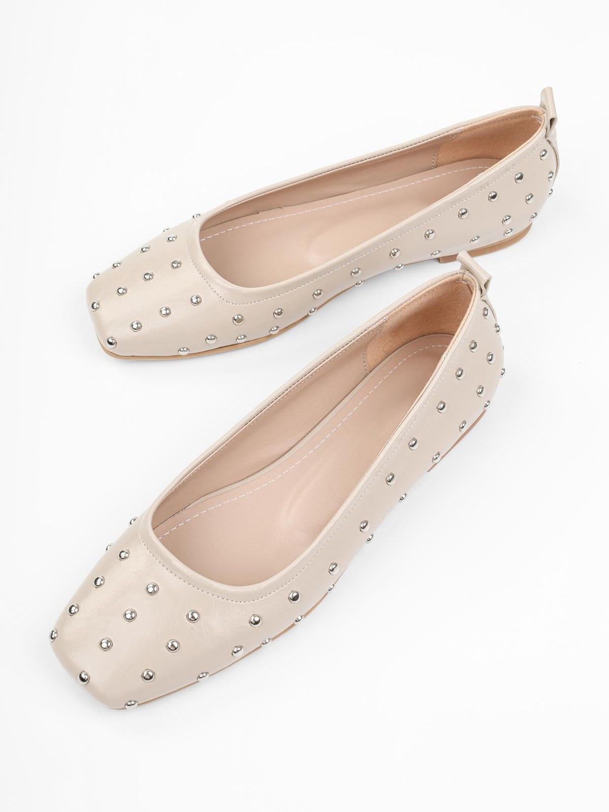 Beige Square-Toe Tiny Studs Slip-On Flats