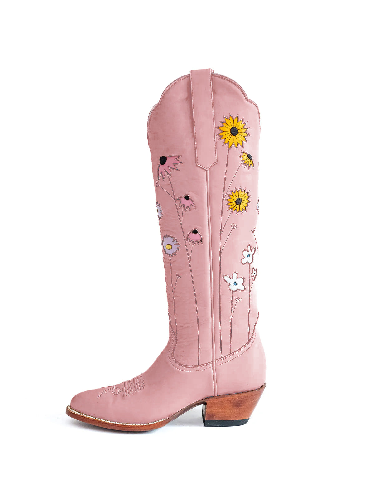 Широки каубойски ботуши до коляното с розови бадемови пръсти и инкрустация от цветни цветя