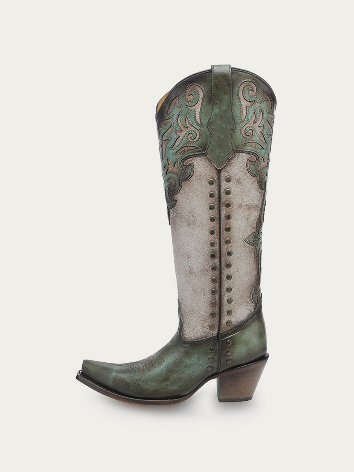 Distressed Turquoise And Bone Snip-Toe Applique And Side Studs Wide Calf Knee High Cowgirl Boots