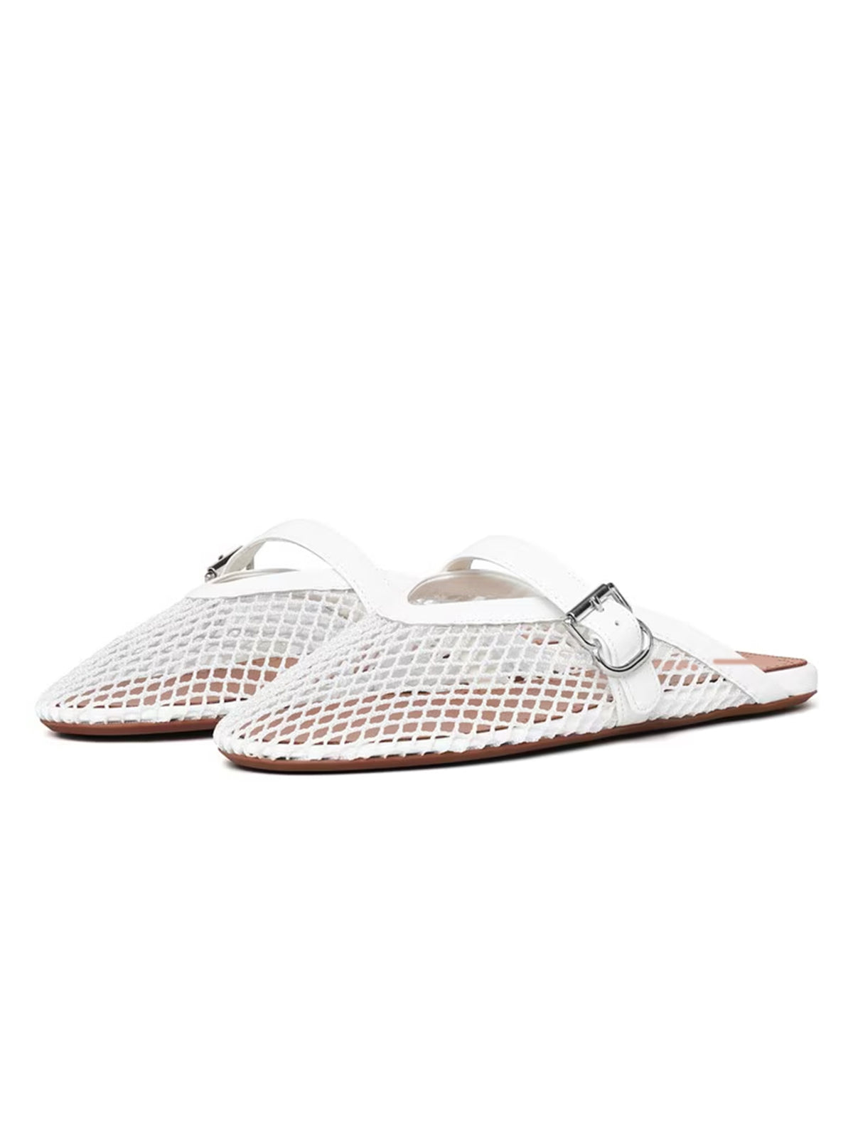 Patent White And Mesh Round-Toe Middle Strap Backless Flats