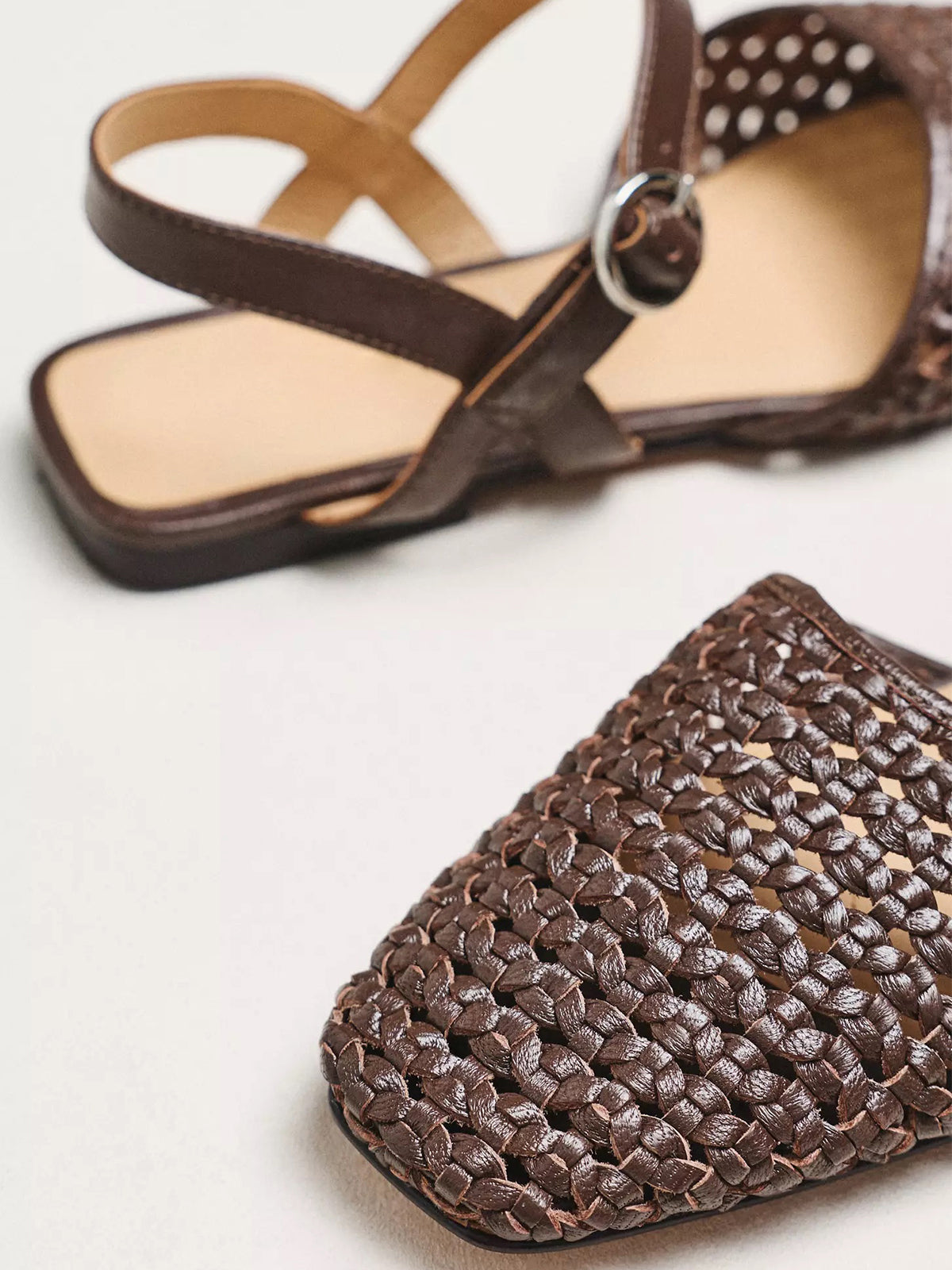 Brown Vegan Leather Woven Square-Toe Ankle Strap Flats