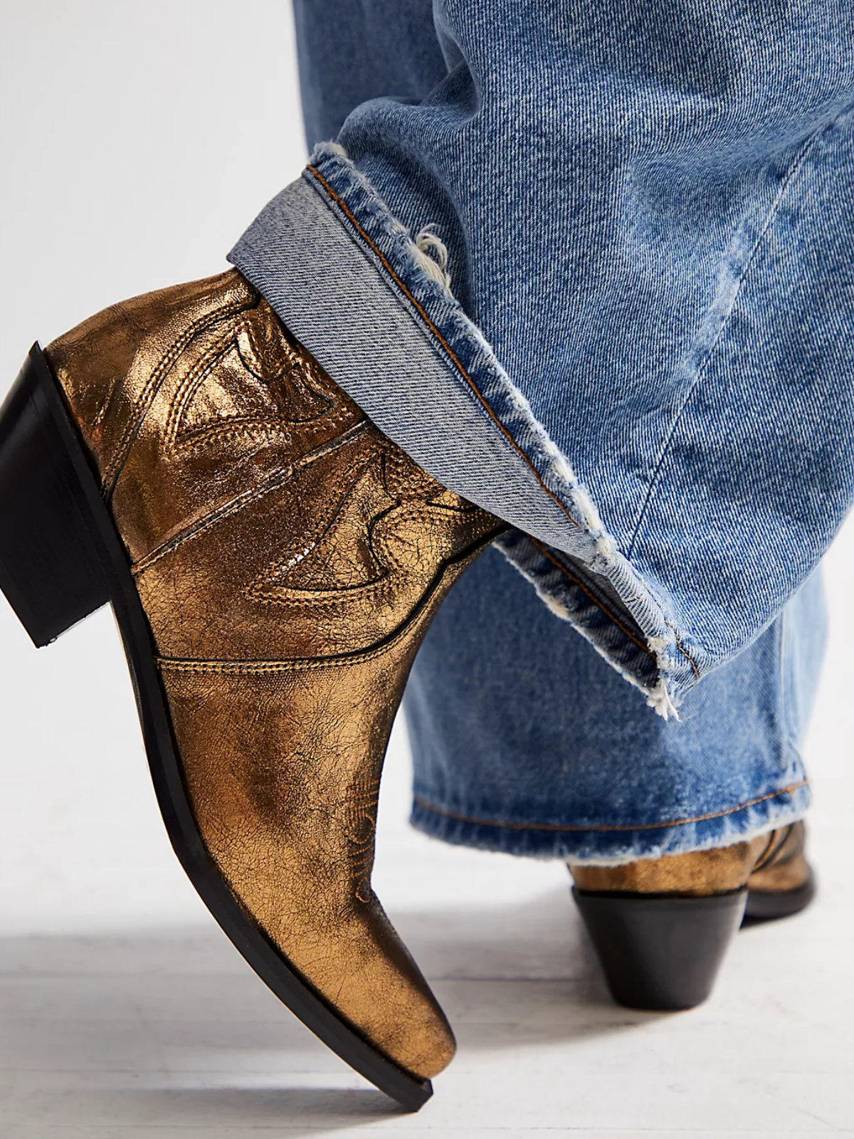 Metallic Gold Crinkle Stitch Inlay Pointy Cowgirl Ankle Booties