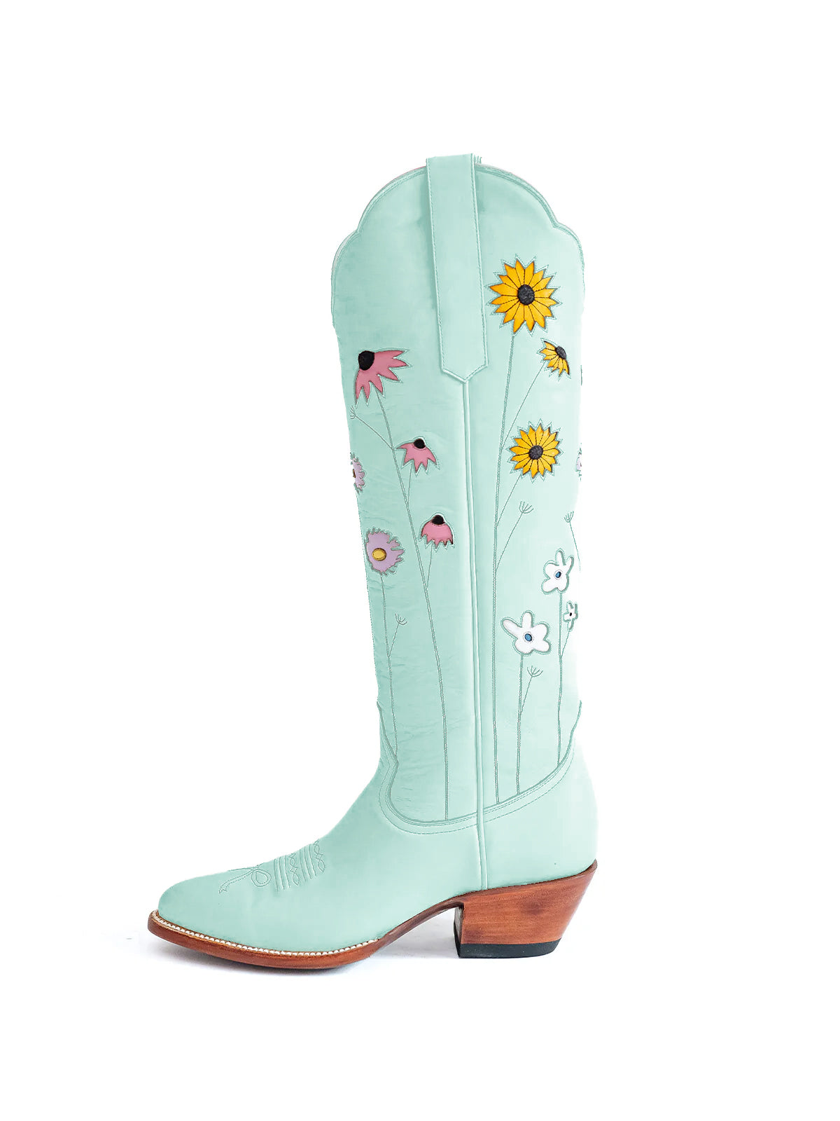 Light Blue Almond-Toe Colorful Flowers Inlay Wide Calf Knee High Cowgirl Boots
