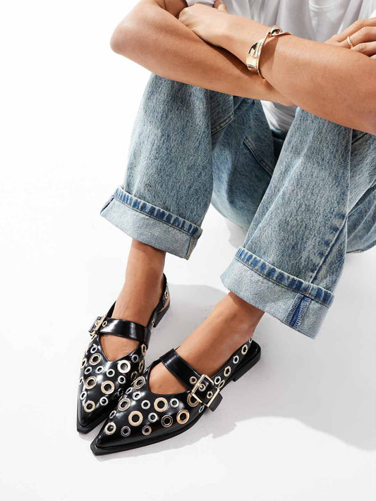 Black Pointed-Toe Mary Jane Slingback Full Eyelets Flats