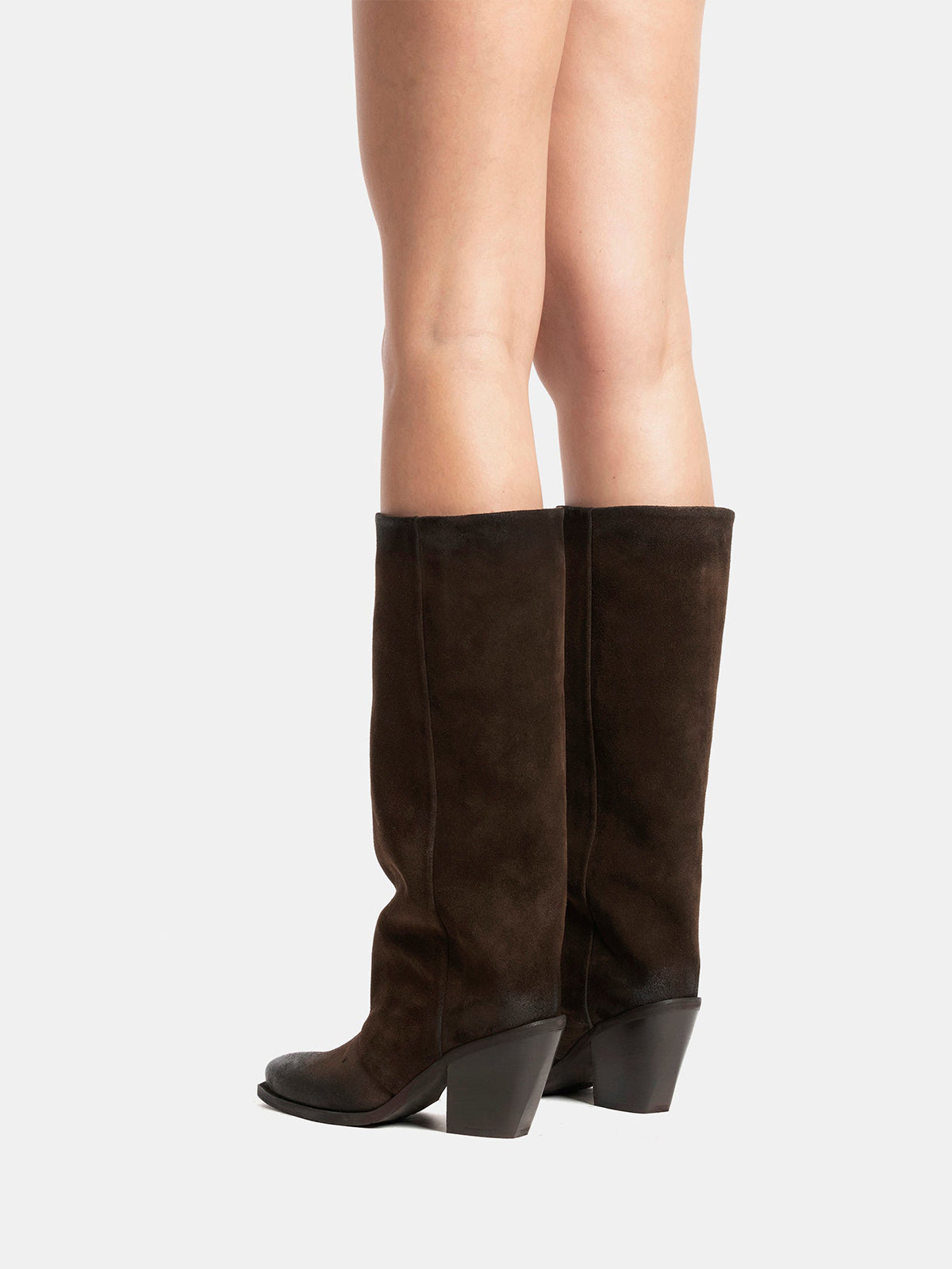Dark Brown Faux Suede Snip-Toe Simple Wide Calf Knee High Classic Cowgirl Boots