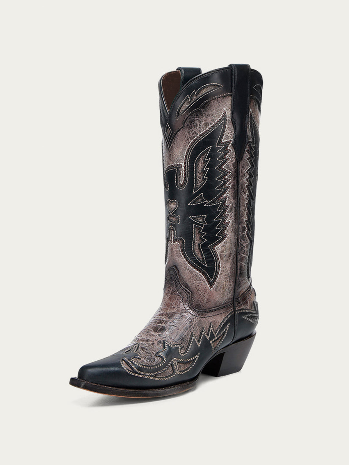 Distressed Dark Gray Snip-Toe Chic Eagle Applique Mid Calf Cowgirl Boots