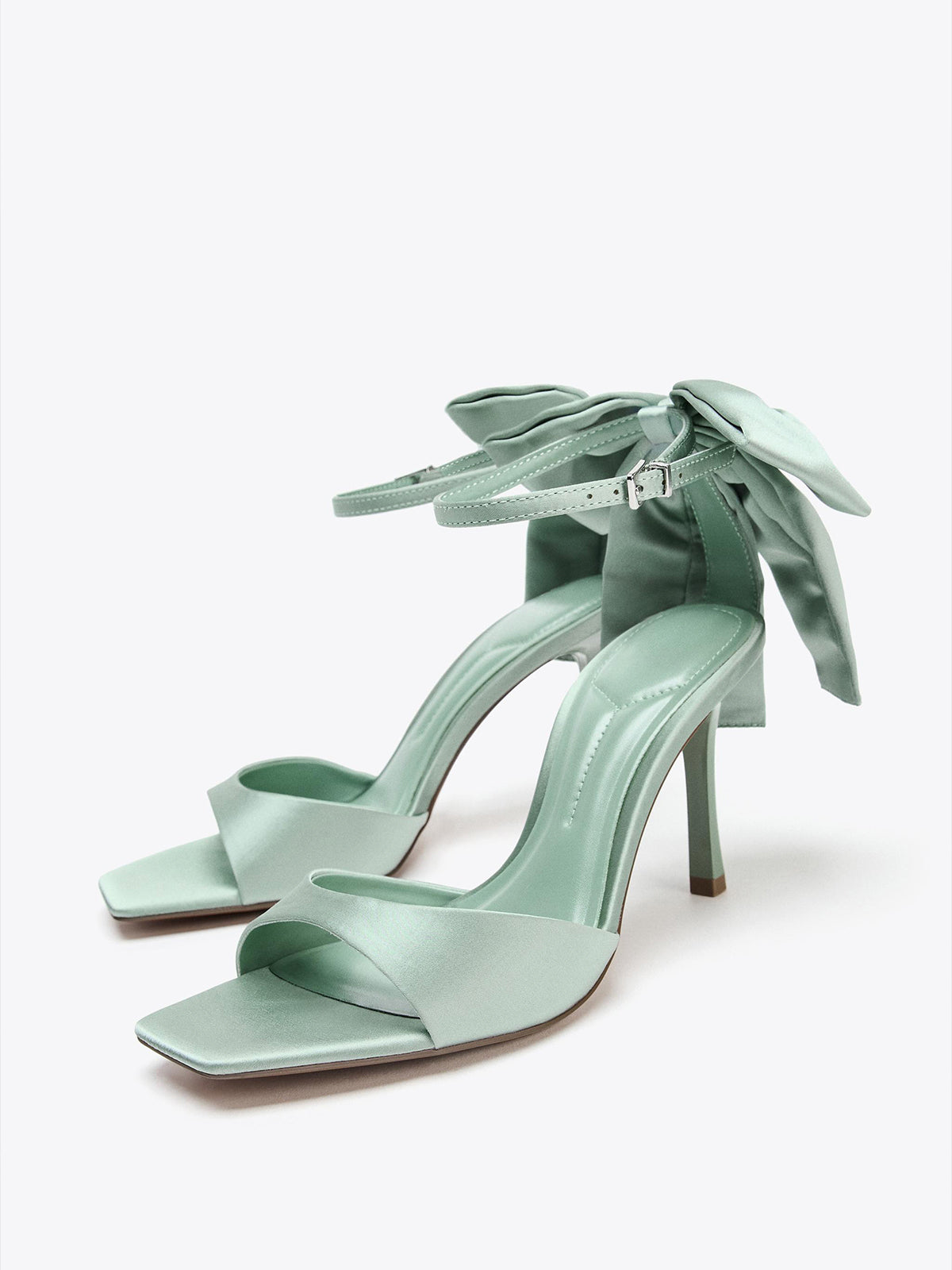 Green Satin Square-Toe Ankle Strap With Bow High Heels