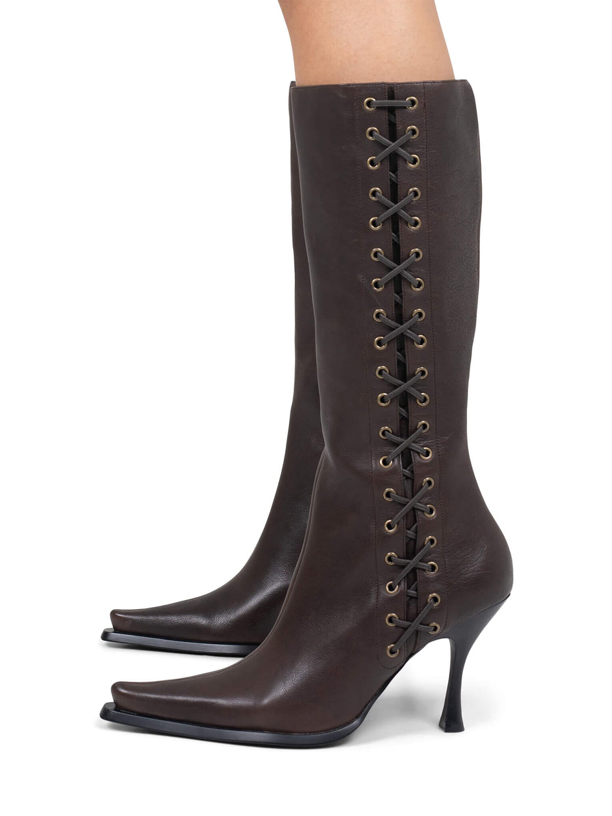 Dark Brown Pointed-Toe Side Lace-Up And Full-Zip Wide Calf Knee High Stiletto Boots