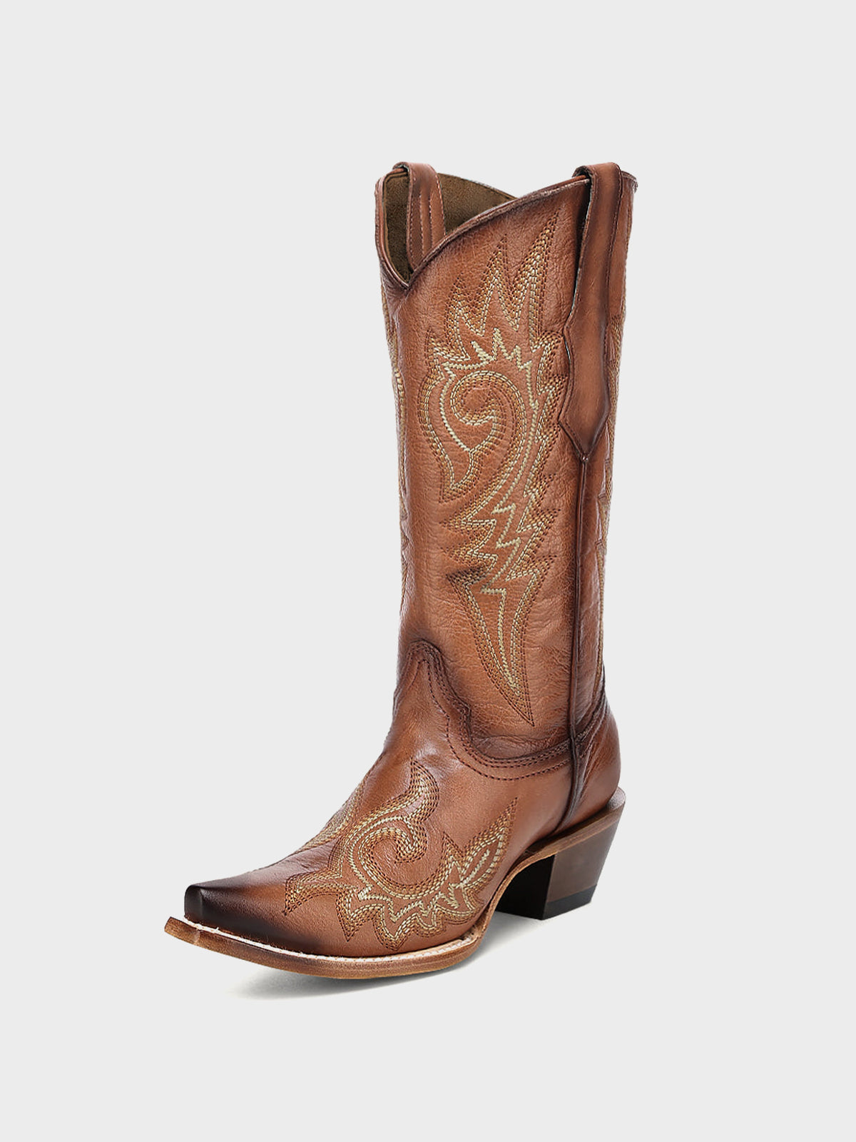 Flames Embroidery Snip-Toe Sleek Mid Calf Cowgirl Boots - Cognac