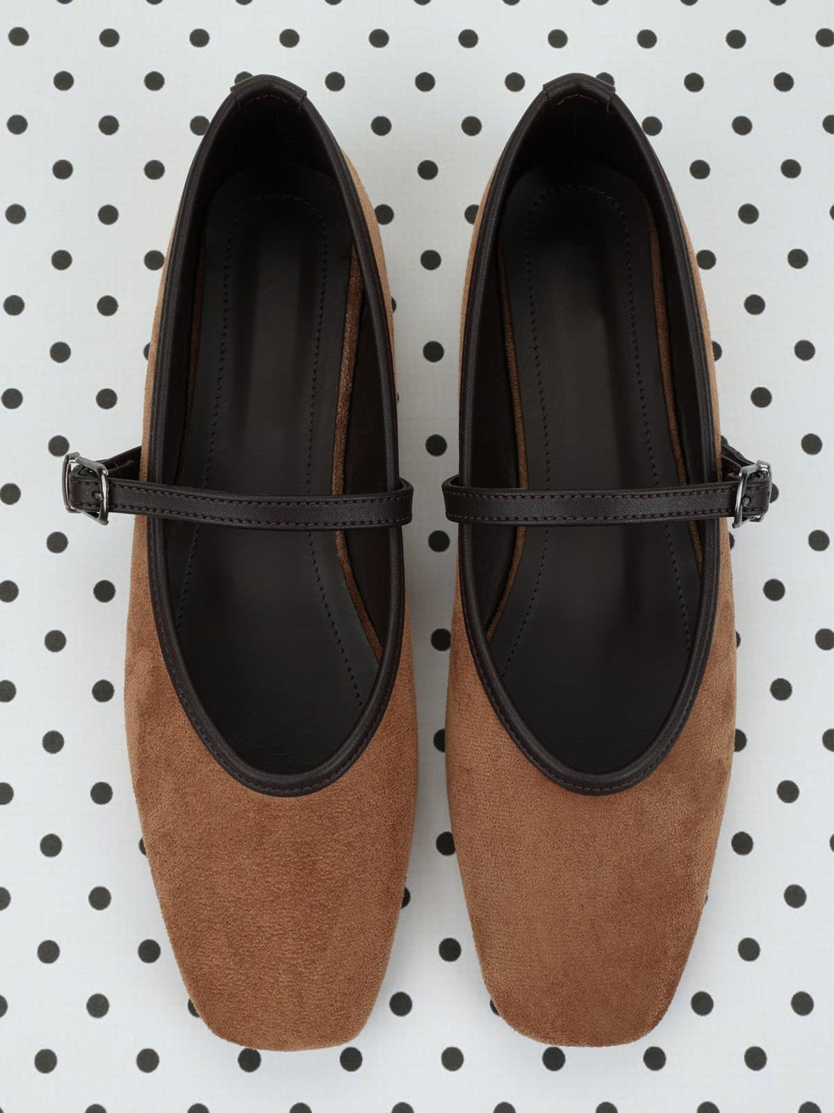 Tan Faux Suede Square-Toe Buckle Bridge Strap Classic Ballet Flats