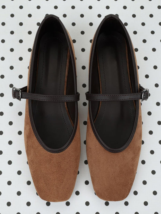 Tan Faux Suede Square-Toe Buckle Bridge Strap Classic Ballet Flats