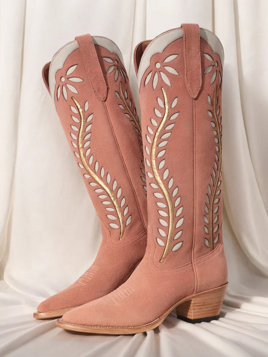 Light Brown Faux Suede Round-Toe Leaves Inlay Wide Calf Knee High Cowgirl Boots