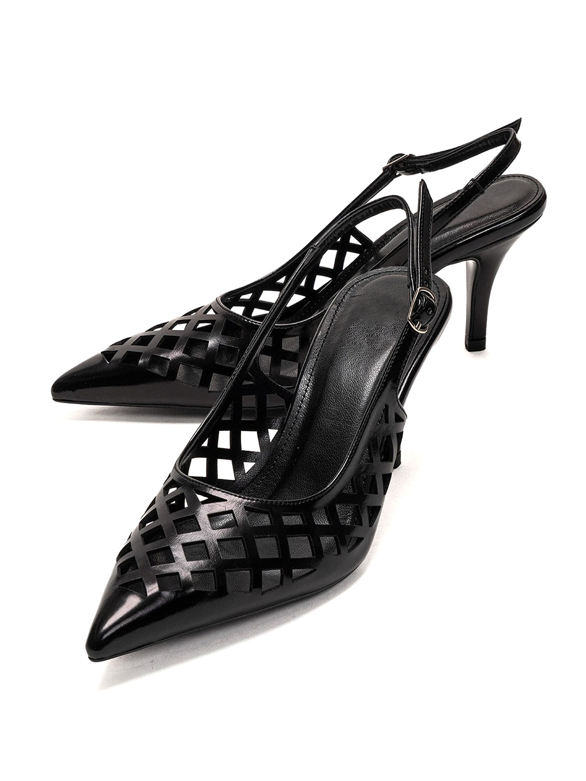 Black Pointed-Toe Cutout Chic Buckle Back Strap Kitten Heels