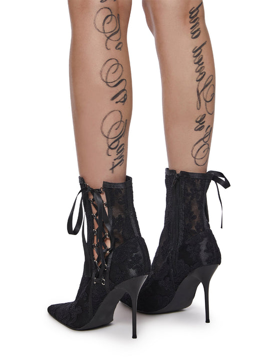 Black Lace Mesh Pointed-Toe Side Lace-Up Full-Zip Ankle Stiletto Boots