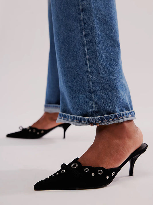 Black Faux Suede Pointed-Toe Front Knot And Studs And Eyelets Kitten Heels