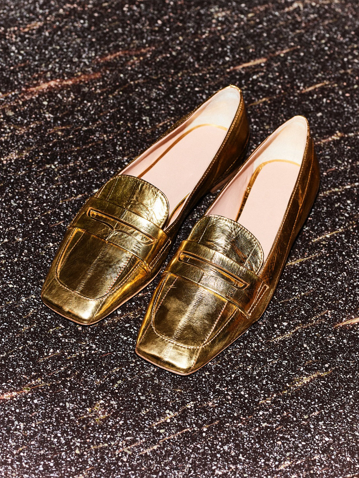 Metallic Gold Eel Pattern Square-Toe Slip-On Flats