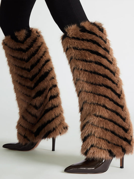 Tan And Black Pointed-Toe Plush Shaft Chic Wide Calf Knee High Stiletto Boots