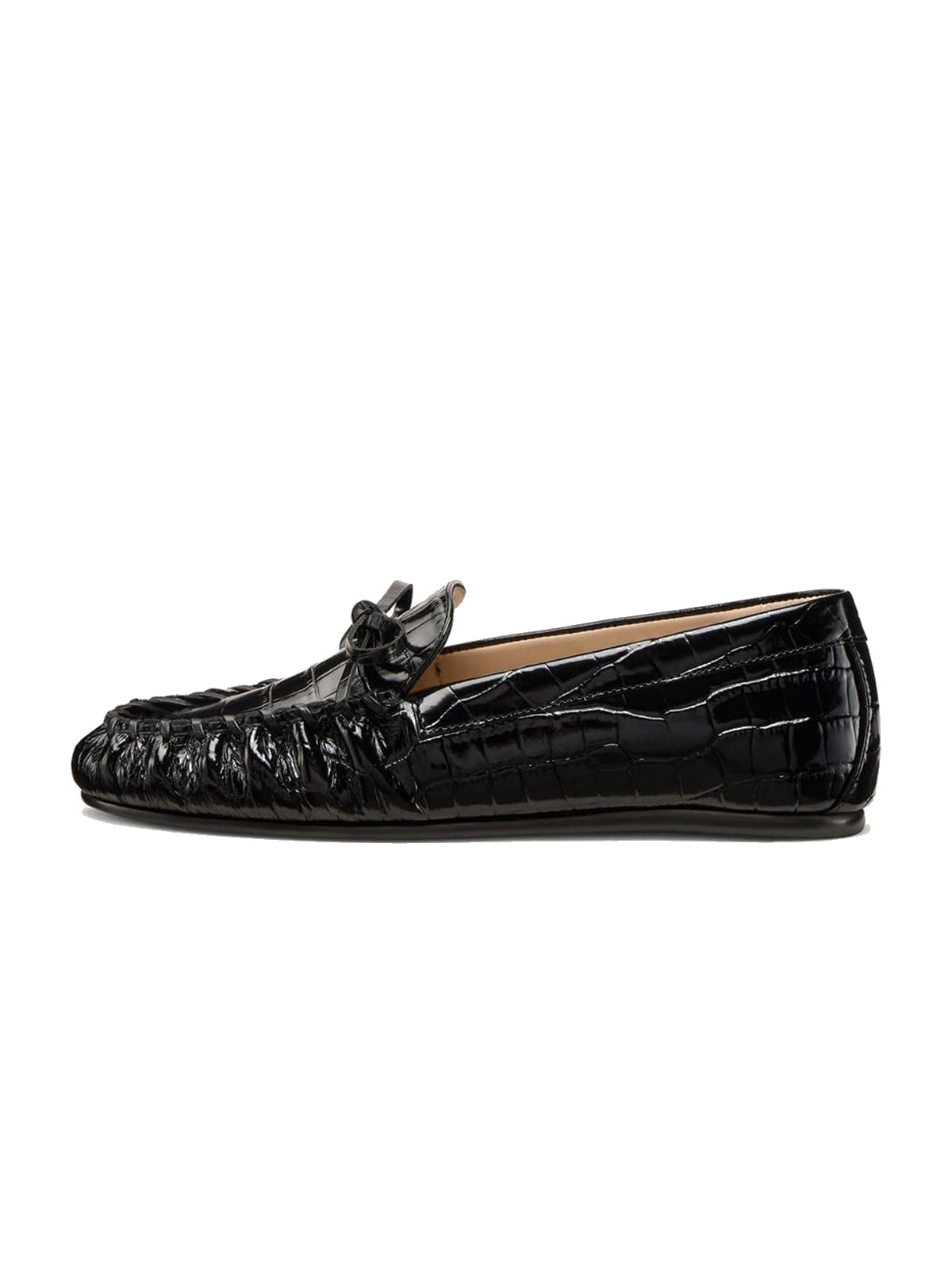 Black Crocodile Print Round-Toe Front Bow Slip-On Chic Flats