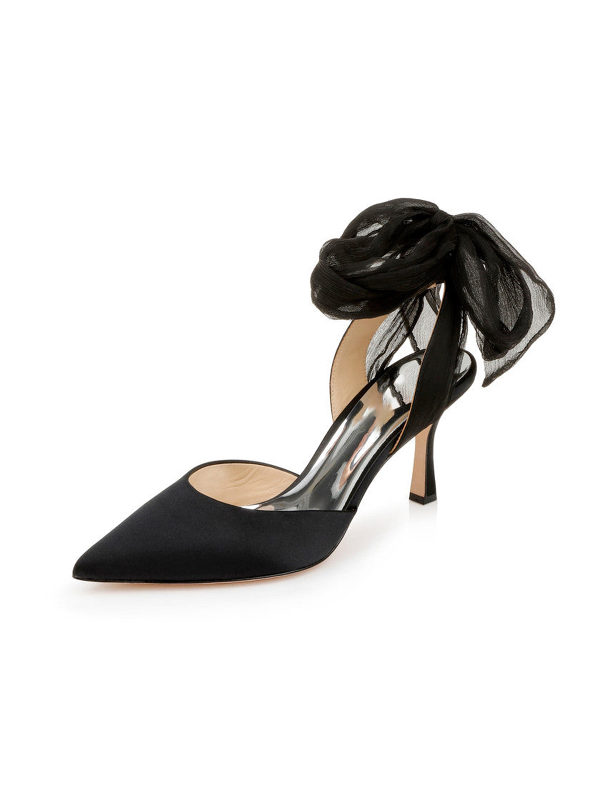 Black Satin Pointed-Toe Back Strap And Ankle Bow Strap High Heels
