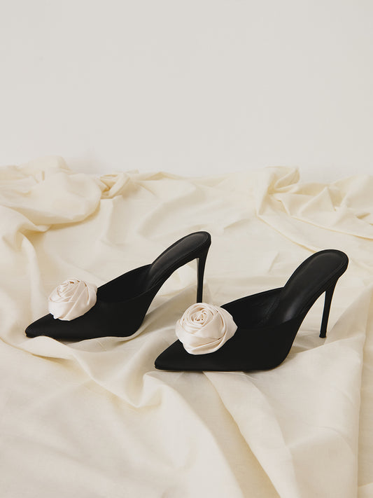 Black Satin Pointed-Toe Front Rose Inlay High Heels