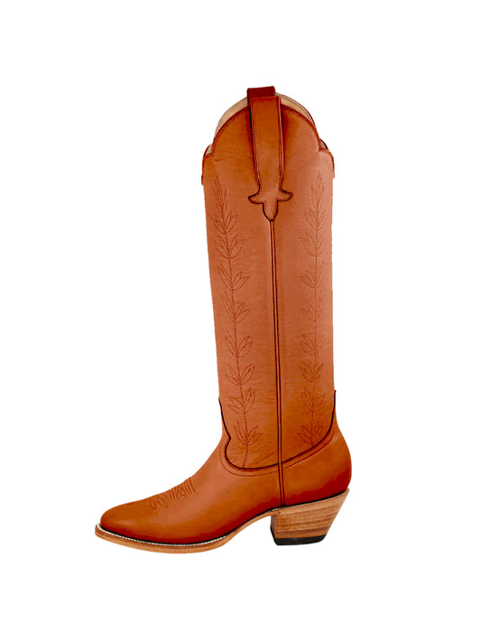 Almond-Toe Leaves Embroidery Wide Calf Knee High Cowgirl Boots - Light Brown