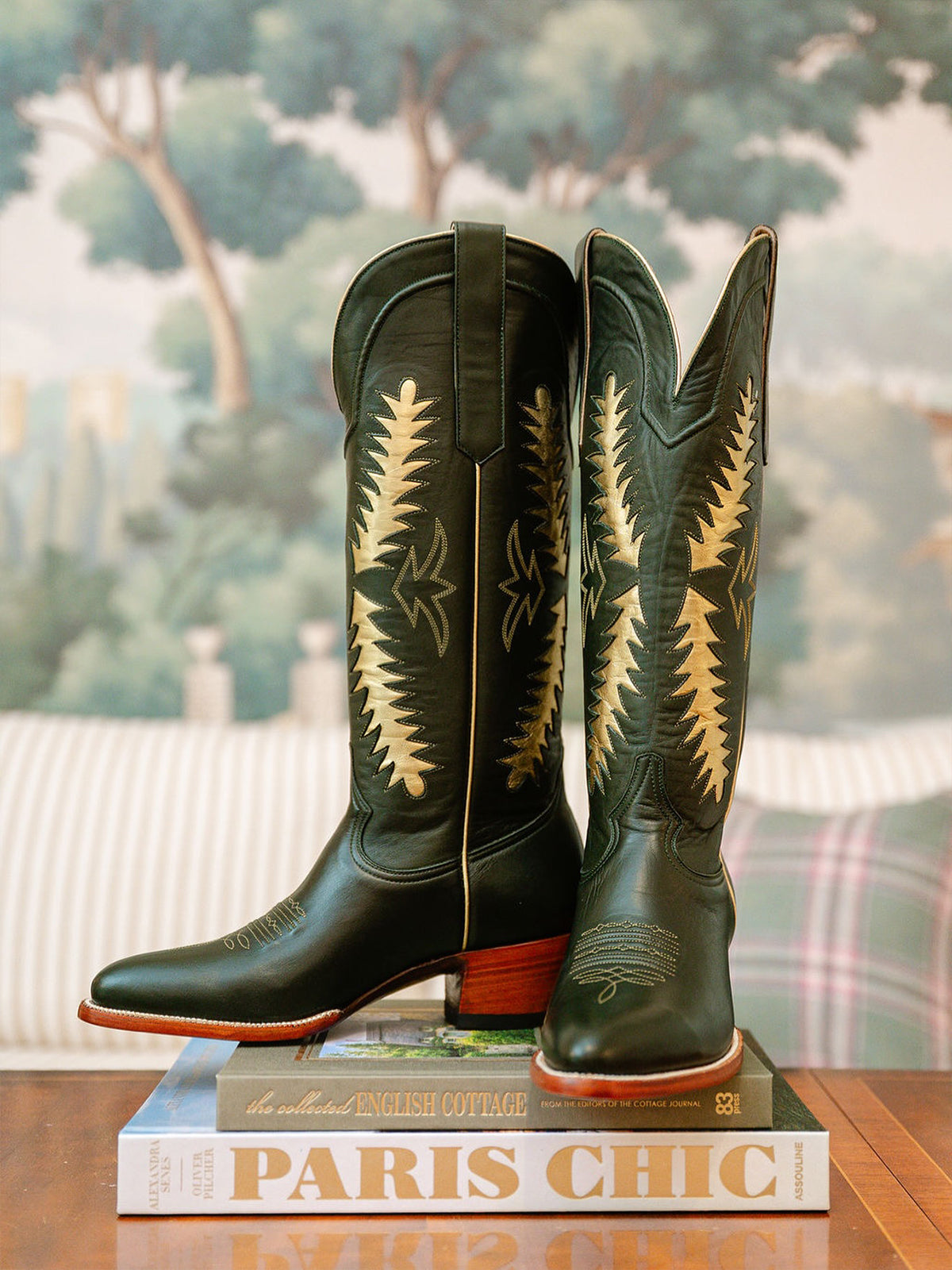 Black Almond-Toe Wide Calf Cowgirl Boots Knee High Tall Boots