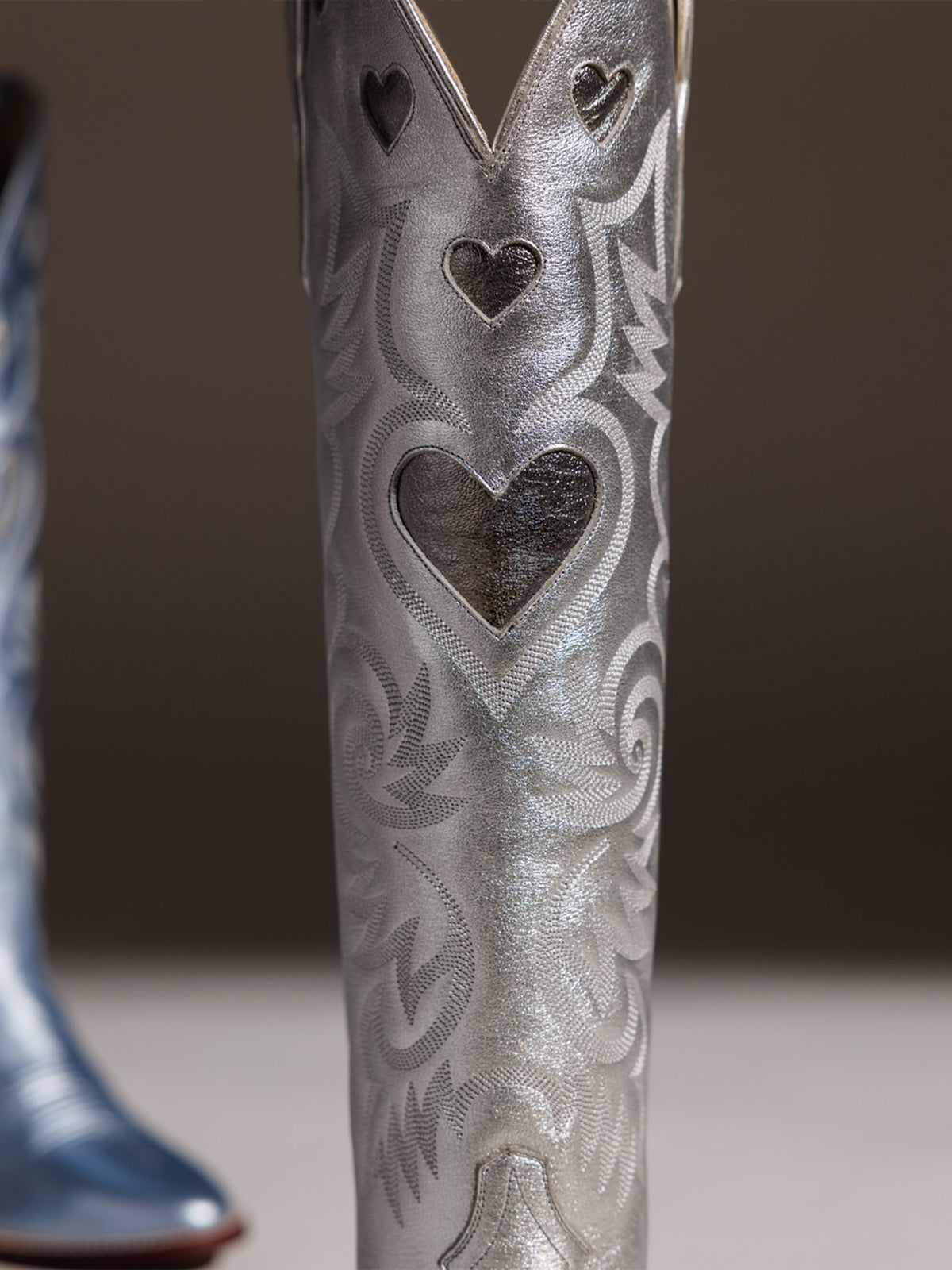 Metallic Silver Round-Toe Chic Hearts Inlay Wide Calf Knee High Cowgirl Boots